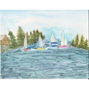 Original Sailboats Watercolor Painting on Paper- "Traffic Jam" signed 9" x 7"